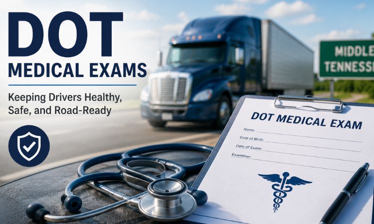 “DOT medical exam setup with stethoscope, medical form, and a semi-truck on a highway in Middle Tennessee, representing driver health and safety.”